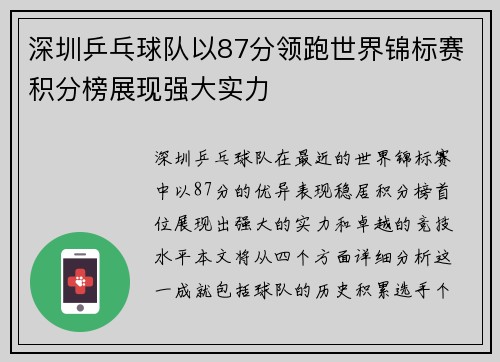 深圳乒乓球队以87分领跑世界锦标赛积分榜展现强大实力